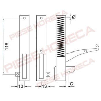 Balama usa cuptor, lungime levier 126mm, montare pe 118mm, grosime arc 3,7mm, se monteaza pe partea stanga